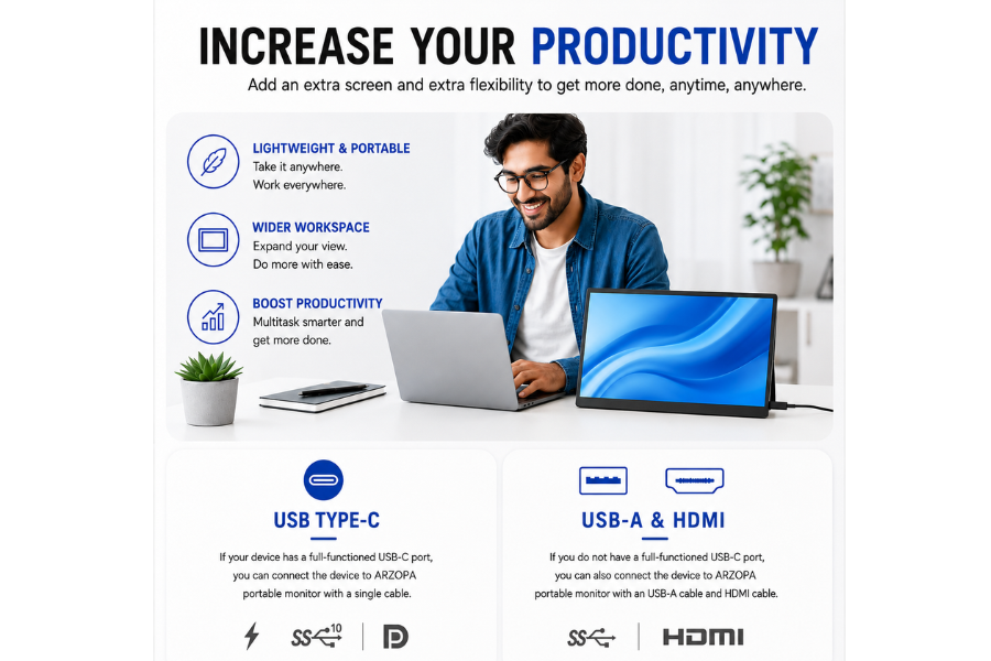 Xavion DuoView 15.6 inch portable monitor with built-in speaker